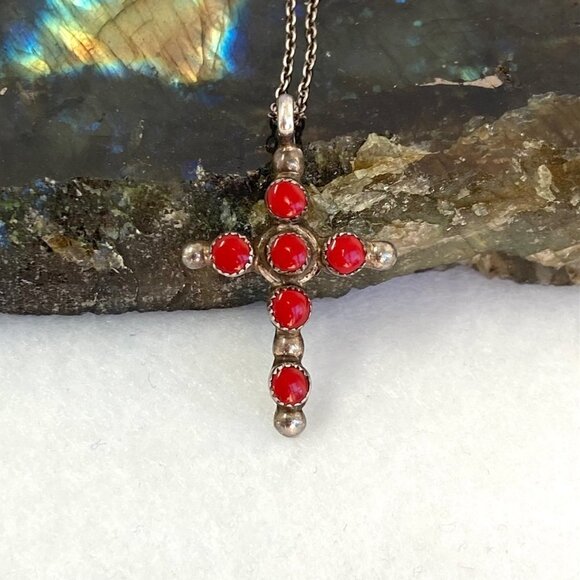 VTG Sterling Silver 925 Southwest Coral Multi Stone Cross Pendant Necklace 16" - Picture 4 of 16